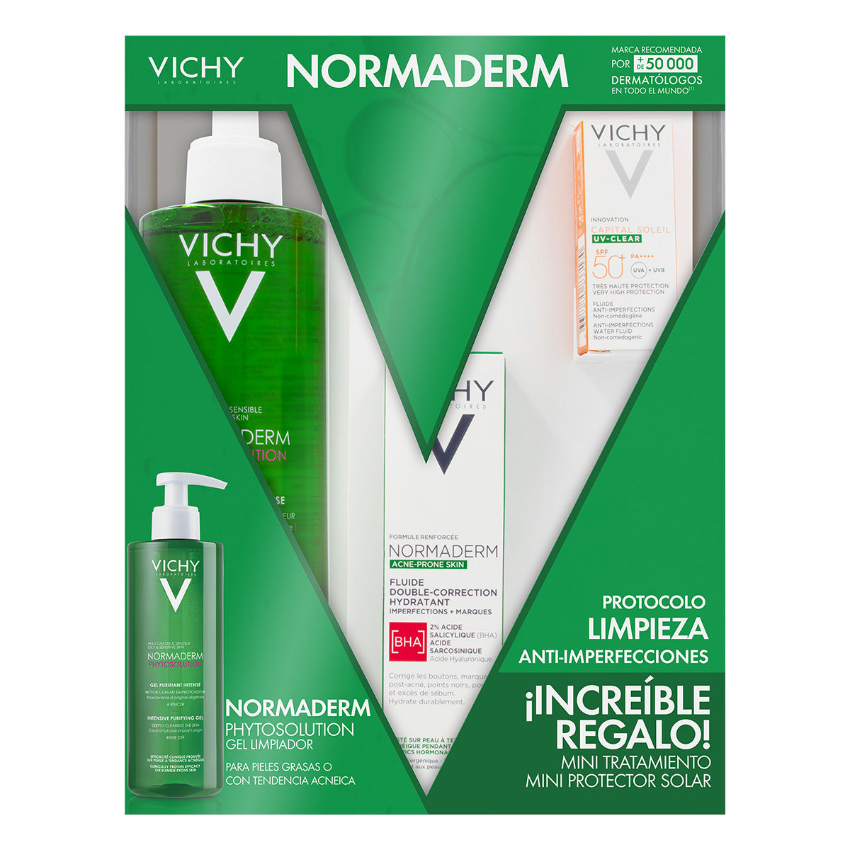 Vichy kit normaderm piel grasa limpieza anti-imperfecciones+ tratamiento double correction y protector solar.