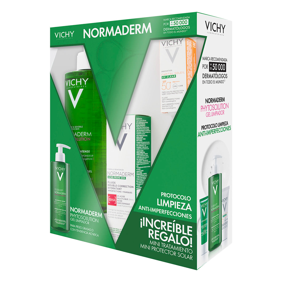 Vichy kit normaderm piel grasa limpieza anti-imperfecciones+ tratamiento double correction y protector solar.