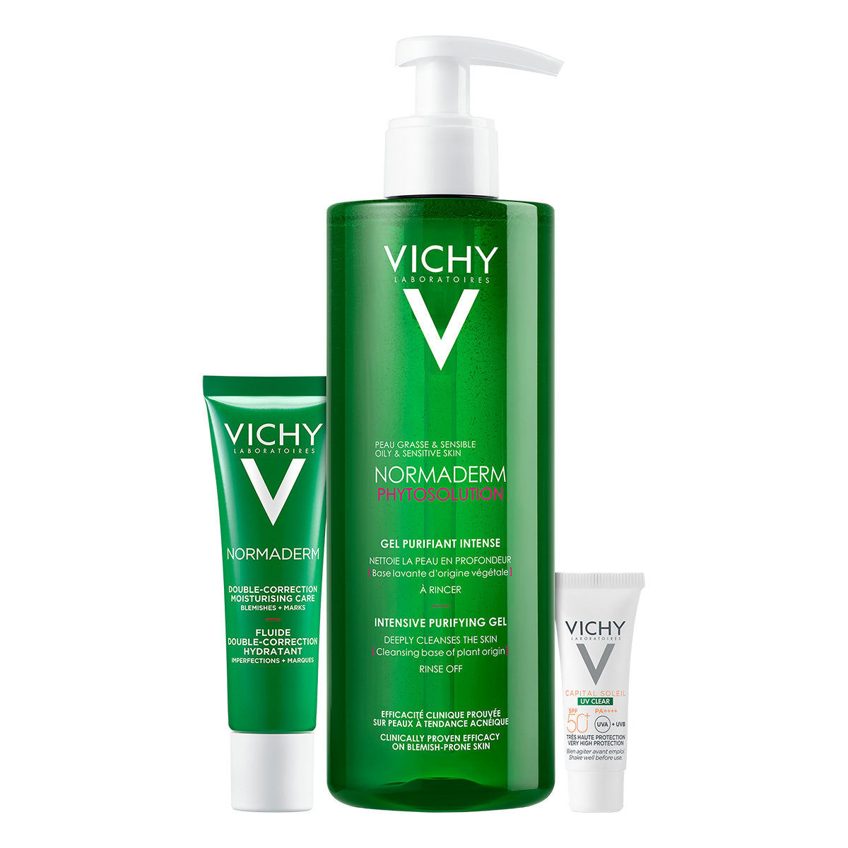 Vichy kit normaderm piel grasa limpieza anti-imperfecciones+ tratamiento double correction y protector solar.