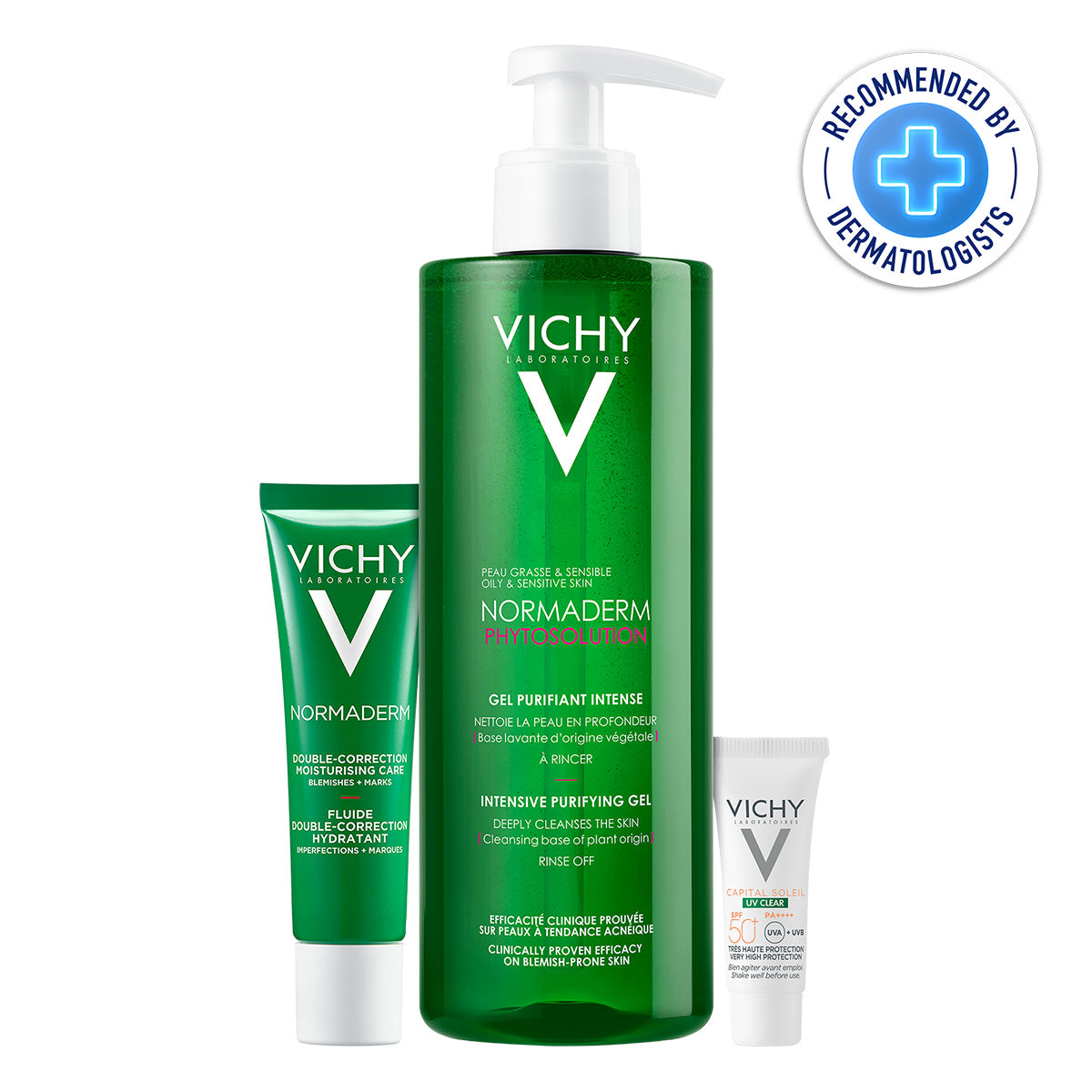 Vichy kit normaderm piel grasa limpieza anti-imperfecciones+ tratamiento double correction y protector solar.