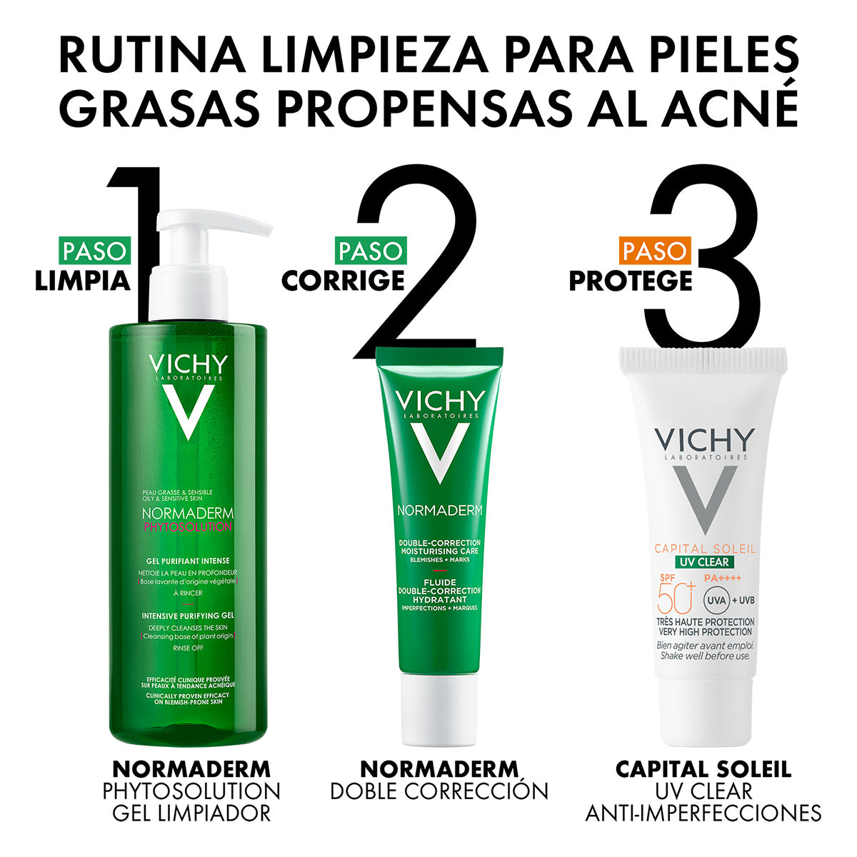 Vichy kit normaderm piel grasa limpieza anti-imperfecciones+ tratamiento double correction y protector solar.