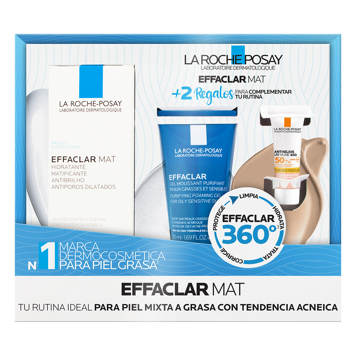 La Roche Posay Effaclar Mat, Rutina para piel mixta a grasa con tendencia acneica, Kit Effaclar Mat + Effaclar Gel + Anthelios UV MUNE 400 con Color