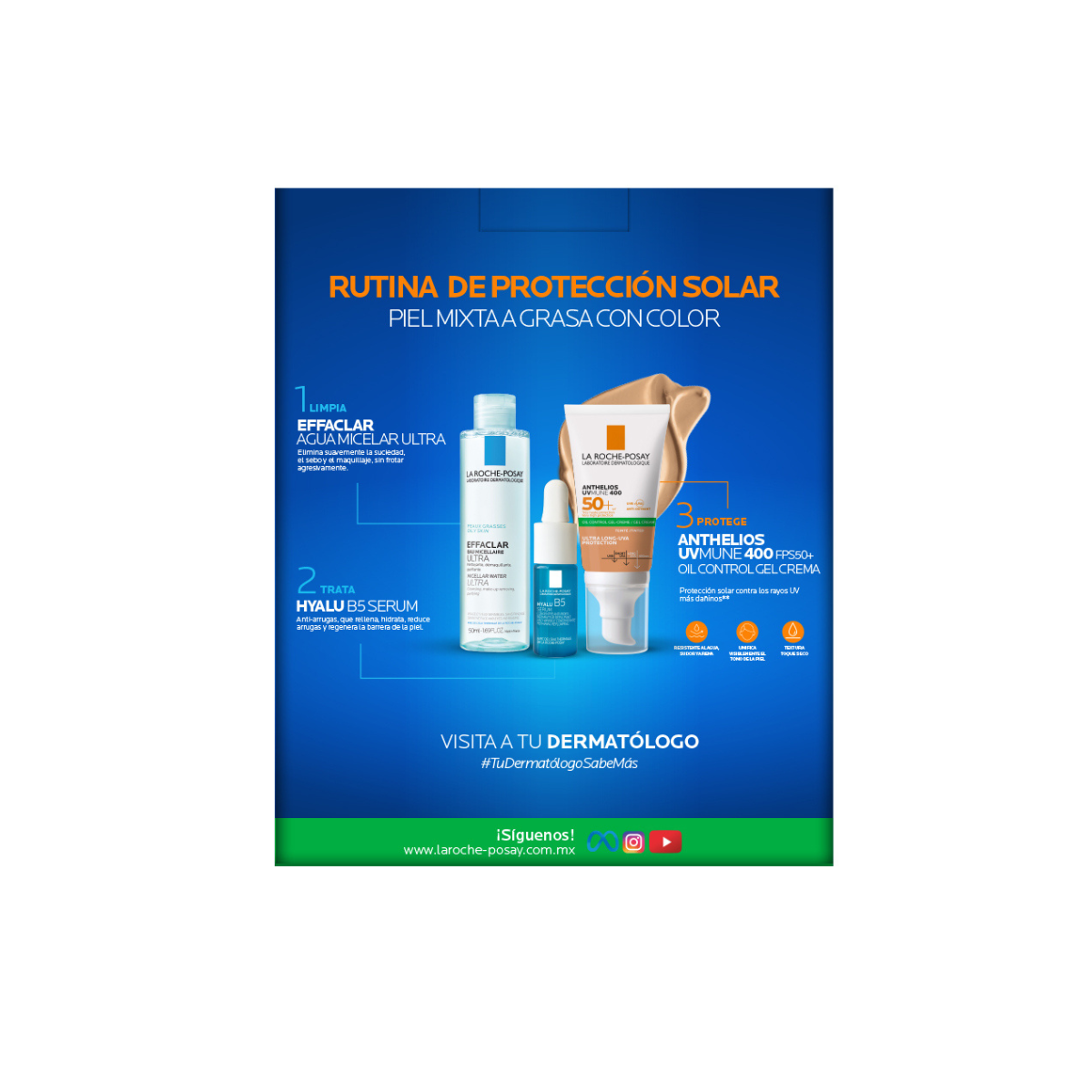 La Roche-Posay Kit Anthelios UVMune 400 Oil Control Gel-Crema Con Color 50 Ml + B5 Serum 10 Ml + Agua Micelar 50 Ml