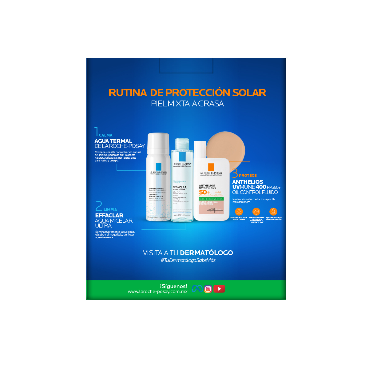 La Roche-Posay Kit Anthelios UVMune 400 Oil Control Fluido Con Color 50 Ml + Agua Termal Prebiótica 50 Ml + Agua Micelar 50 Ml