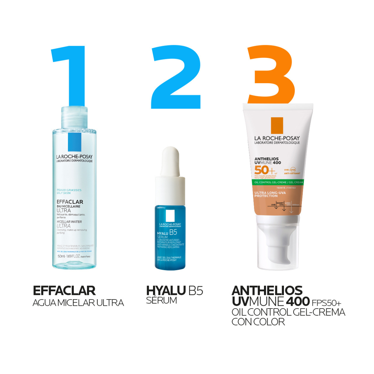 La Roche-Posay Kit Anthelios UVMune 400 Oil Control Gel-Crema Con Color 50 Ml + B5 Serum 10 Ml + Agua Micelar 50 Ml