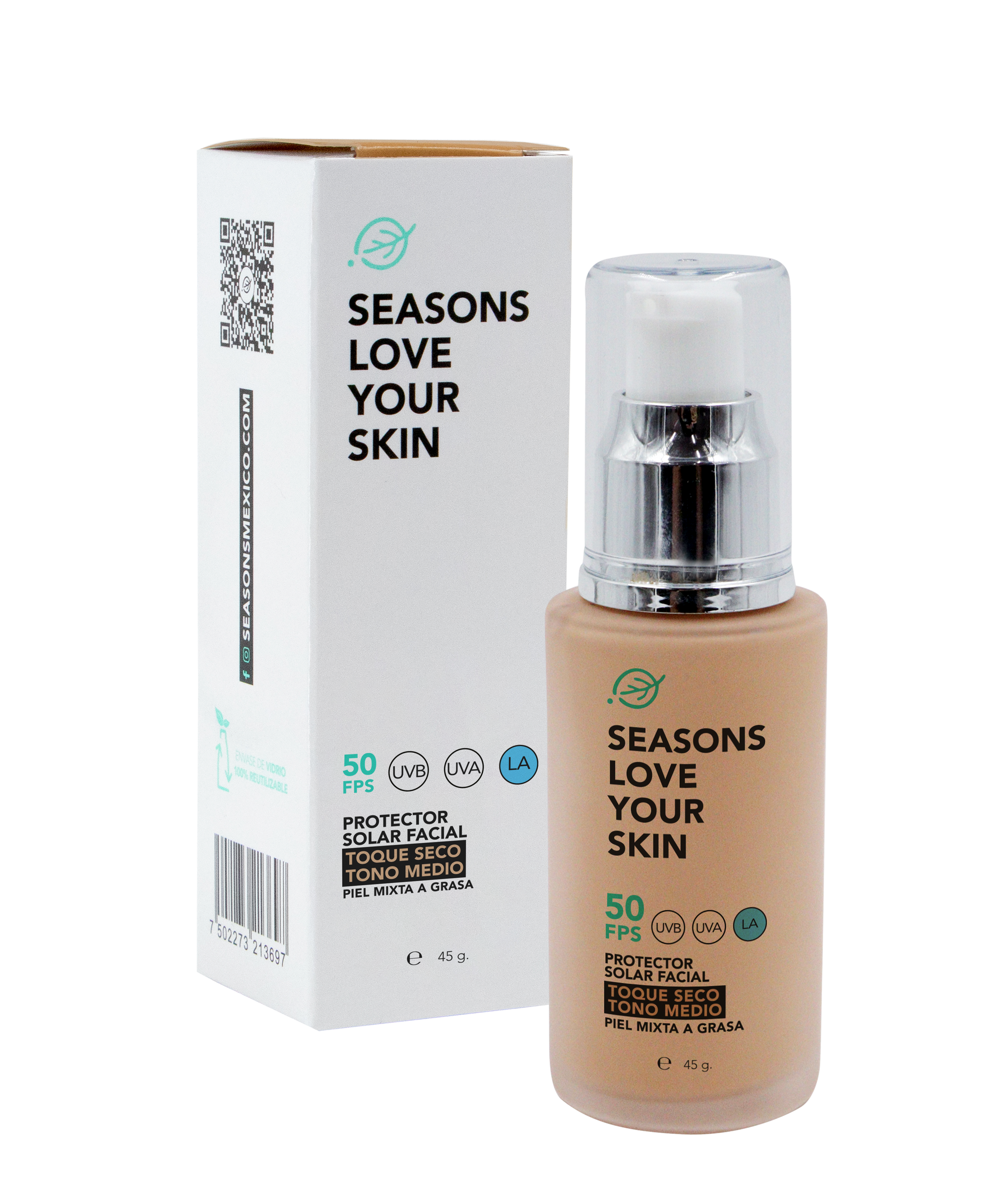 Season Love Your Skin Protector solar FPS50 Toque Seco Tono Medio 45 g
