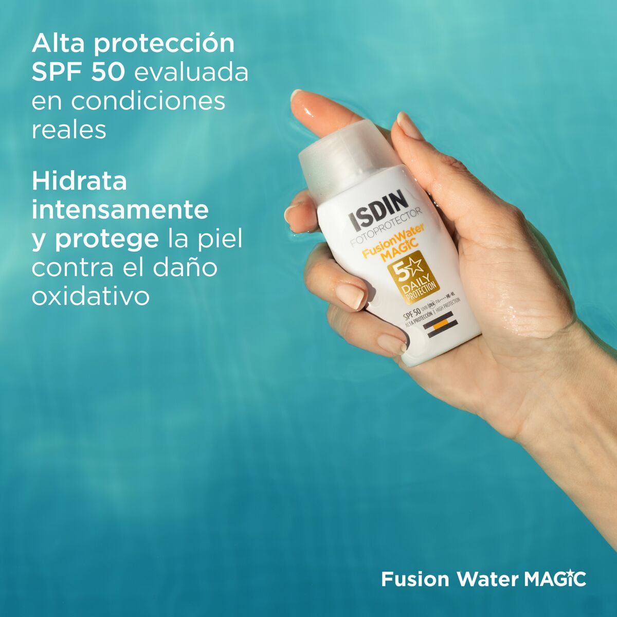 Isdin  Fusion Water Magic SPF50+, fotoprotector para todo tipo de piel 50ml.