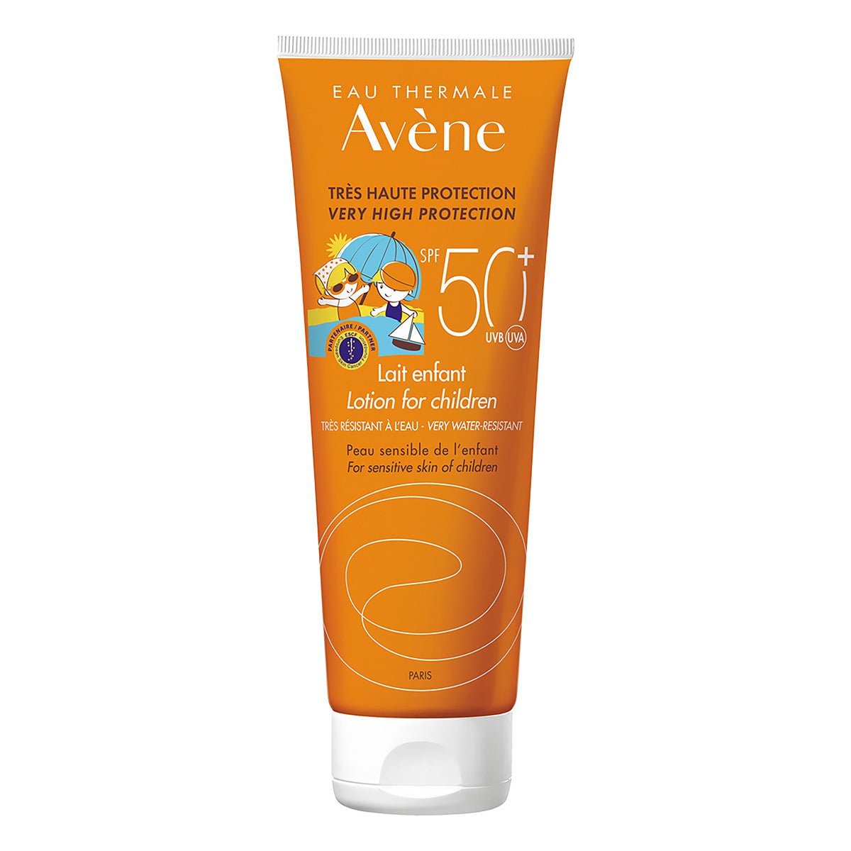 Avene protector solar FPS 50+ Leche Niños, protección alta para niños con piel sensible 250ml.