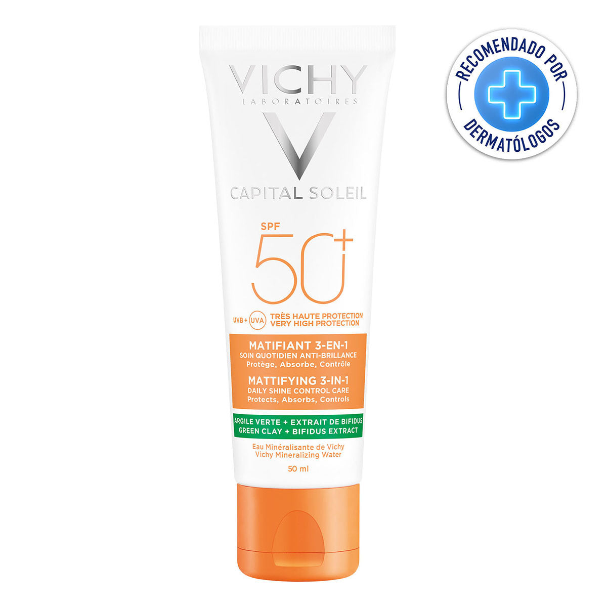 Vichy Capital Soleil Matificante 3 en 1 FPS 50+, Protección solar para piel mixta a grasa, 50ml