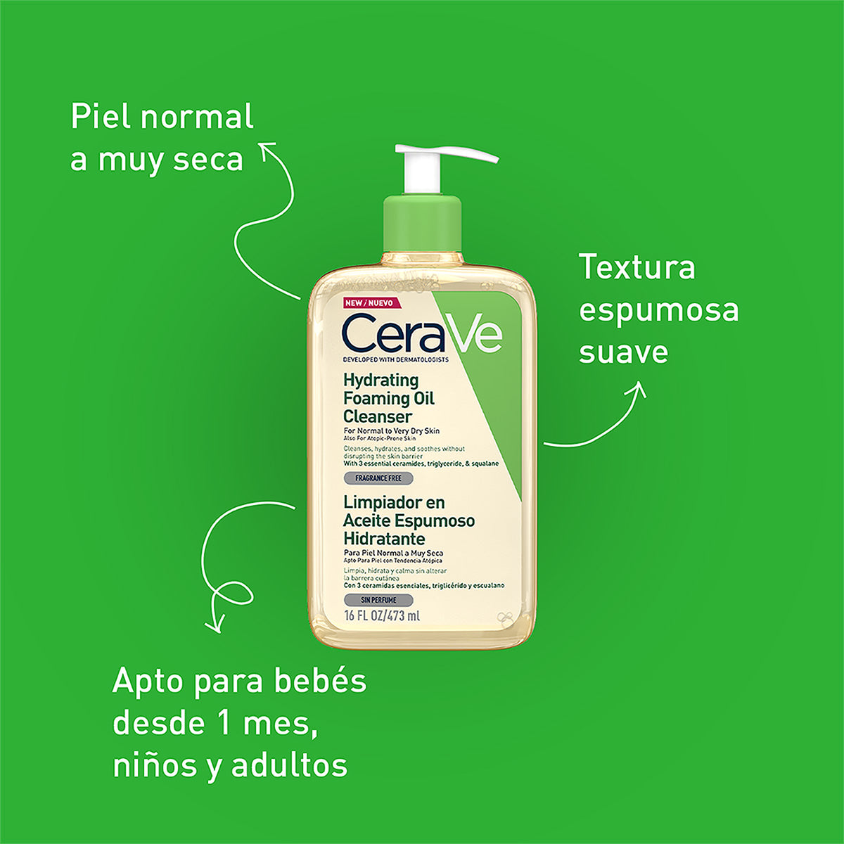 Cerave, Limpiador en aceite espumoso, facial y corporal, 473ml