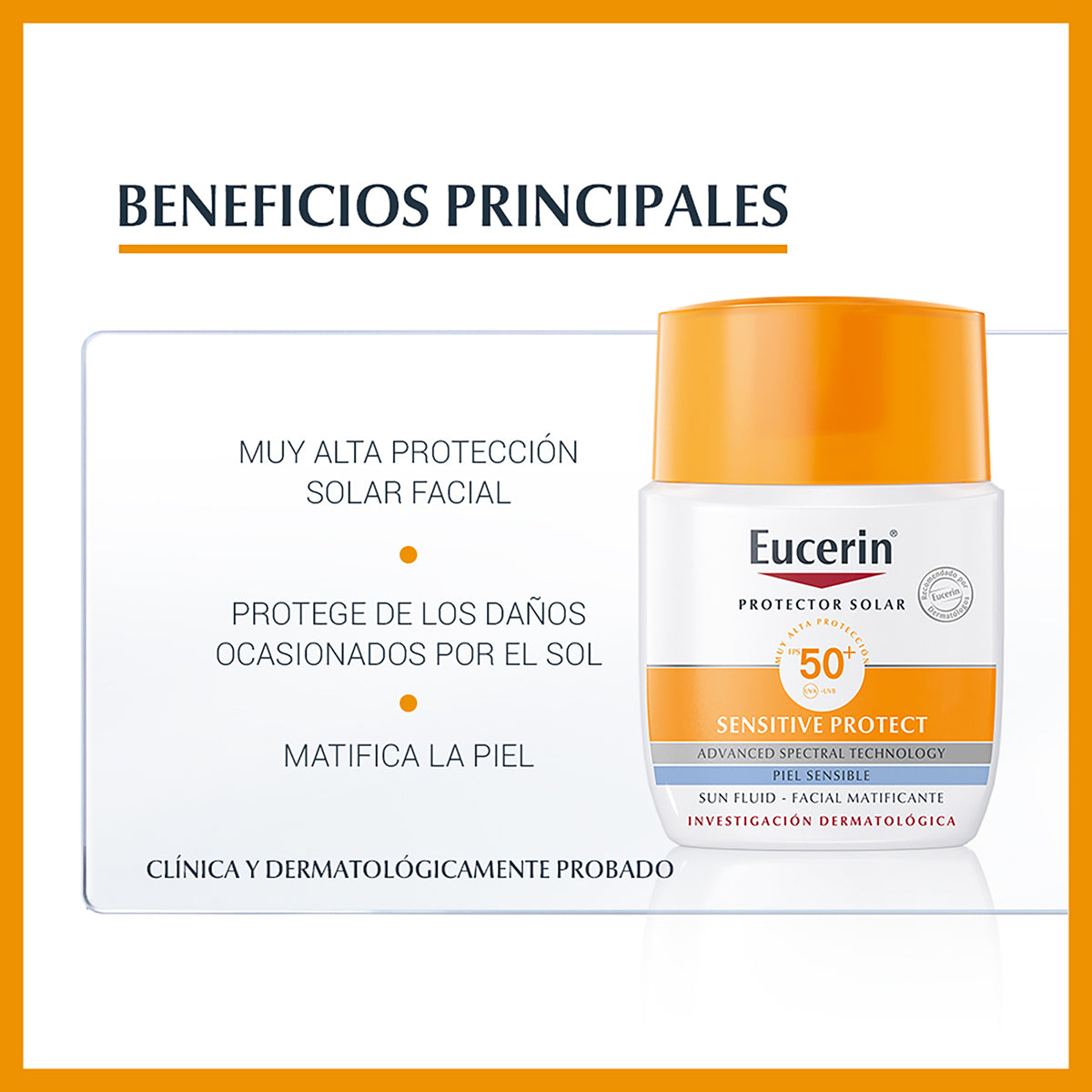 Eucerin Sun Fluid Sensitive Protect FPS 50+, Protección solar facial avanzada para proteger y matificar la piel sensible y grasa 50ml.