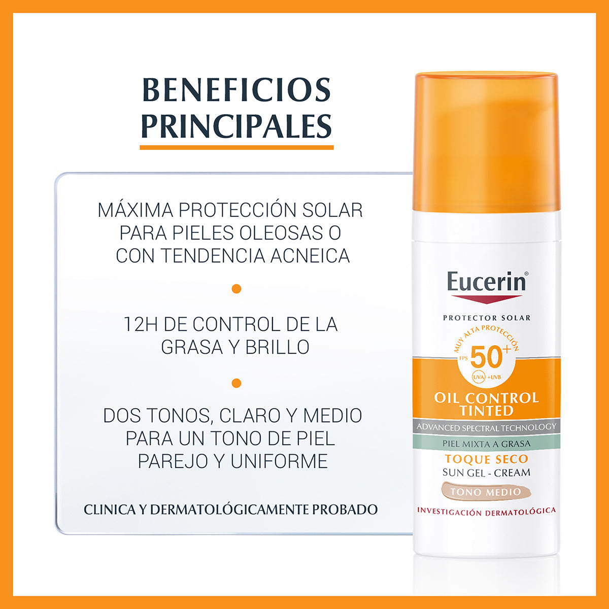 Eucerin sun oil control tinted protector solar facial tono medio FPS50+ 50ml.