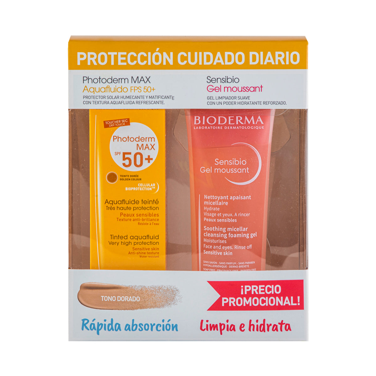 Bioderma Kit protección cuidado diario, Photoderm Aquafluido Dorado, 40ml + Sensibio Gel Moussant, 100ml