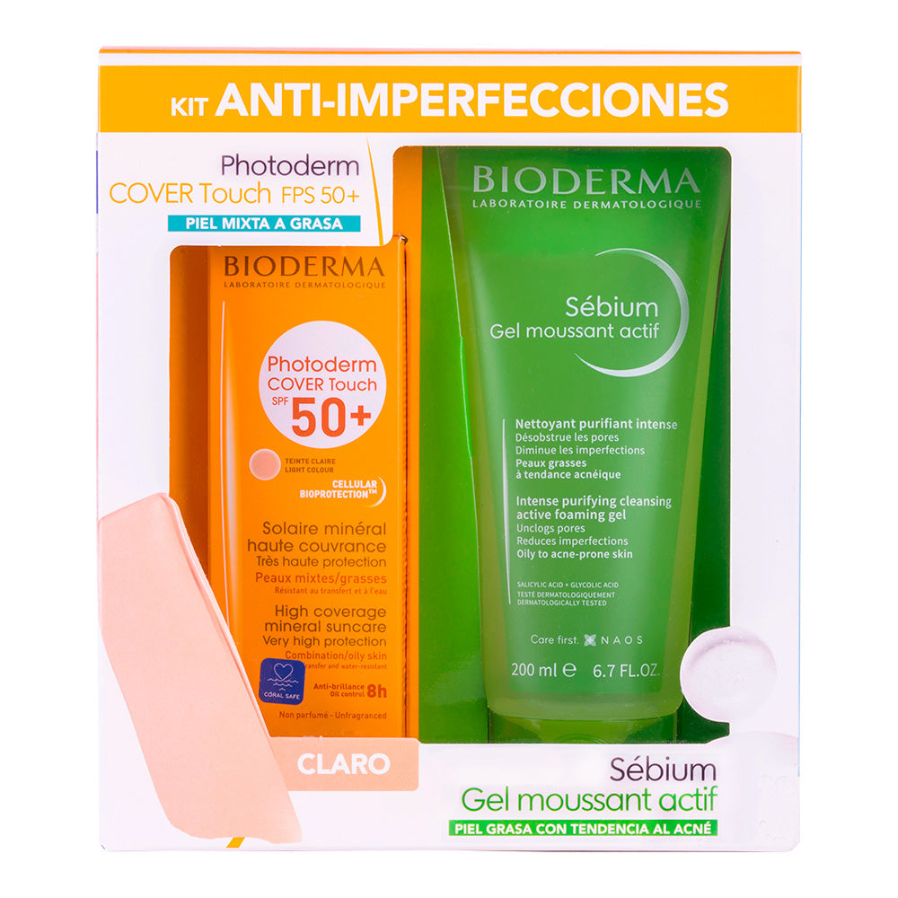 Bioderma Kit Anti-imperfecciones, Photoderm Cover Touch Claro, 40ml + Sebium Gel Moussant Actif, 200ml