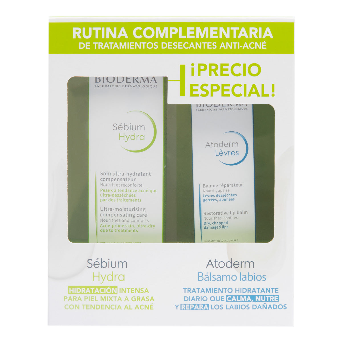 Bioderma Kit tratamiento anti-acne, Sebium Hydra, 40ml + Atoderm Labios, 15ml