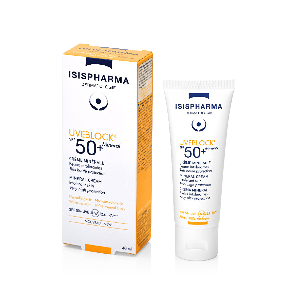 Isispharma Uveblock FPS50+ Mineral Invisible, Protector solar para piel intolerante, 40ml.